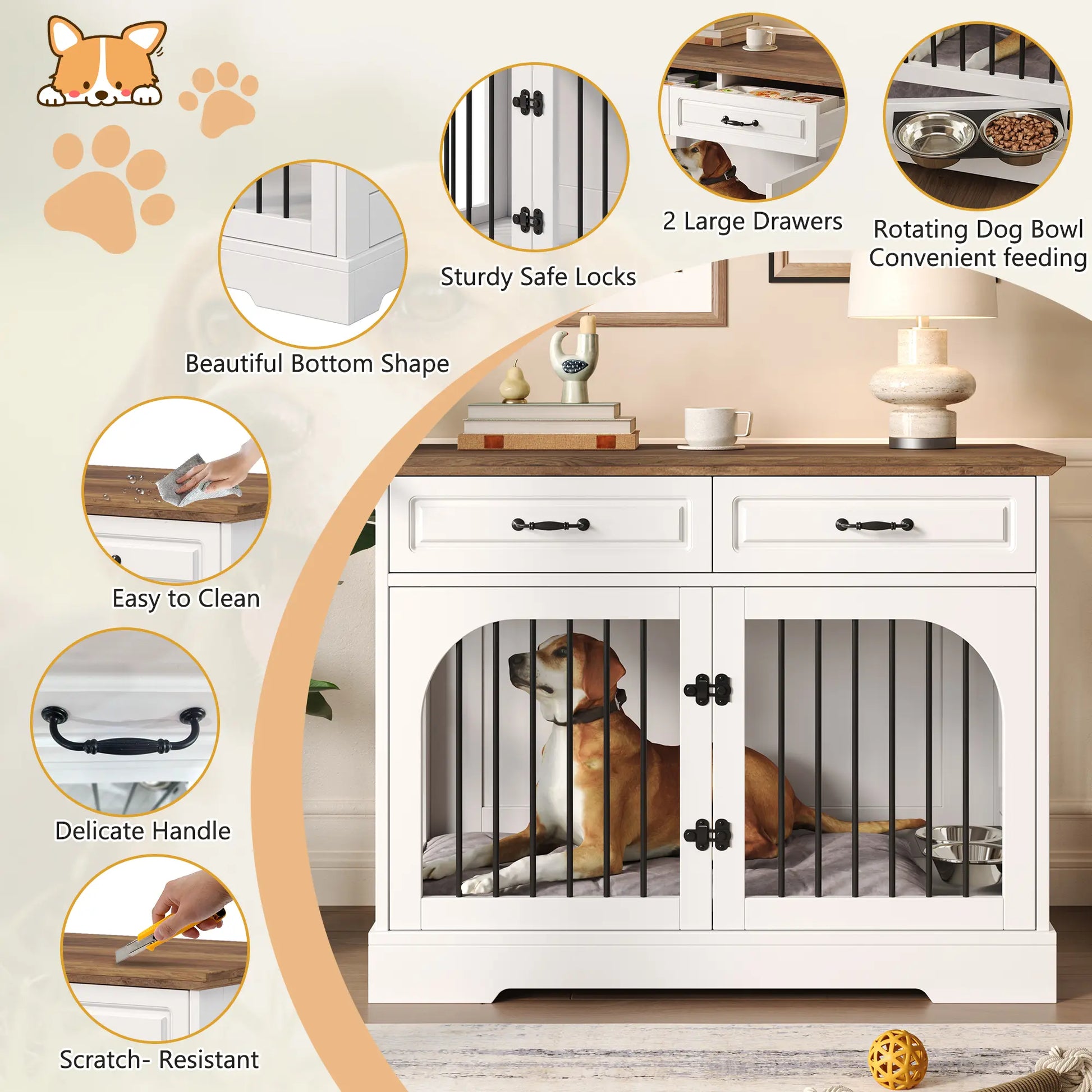 Stylish 43.3" Farmhouse Dog Crate - Elegant Indoor Kennel with 2 Drawers & Rotating Food Bowls for Medium to Large Dogs