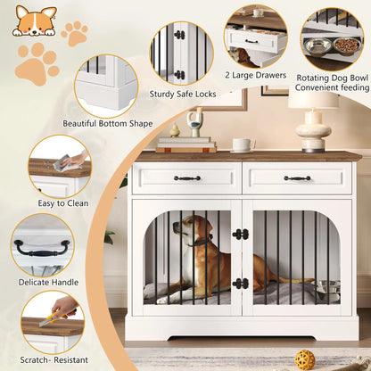 Stylish 43.3" Farmhouse Dog Crate - Elegant Indoor Kennel with 2 Drawers & Rotating Food Bowls for Medium to Large Dogs