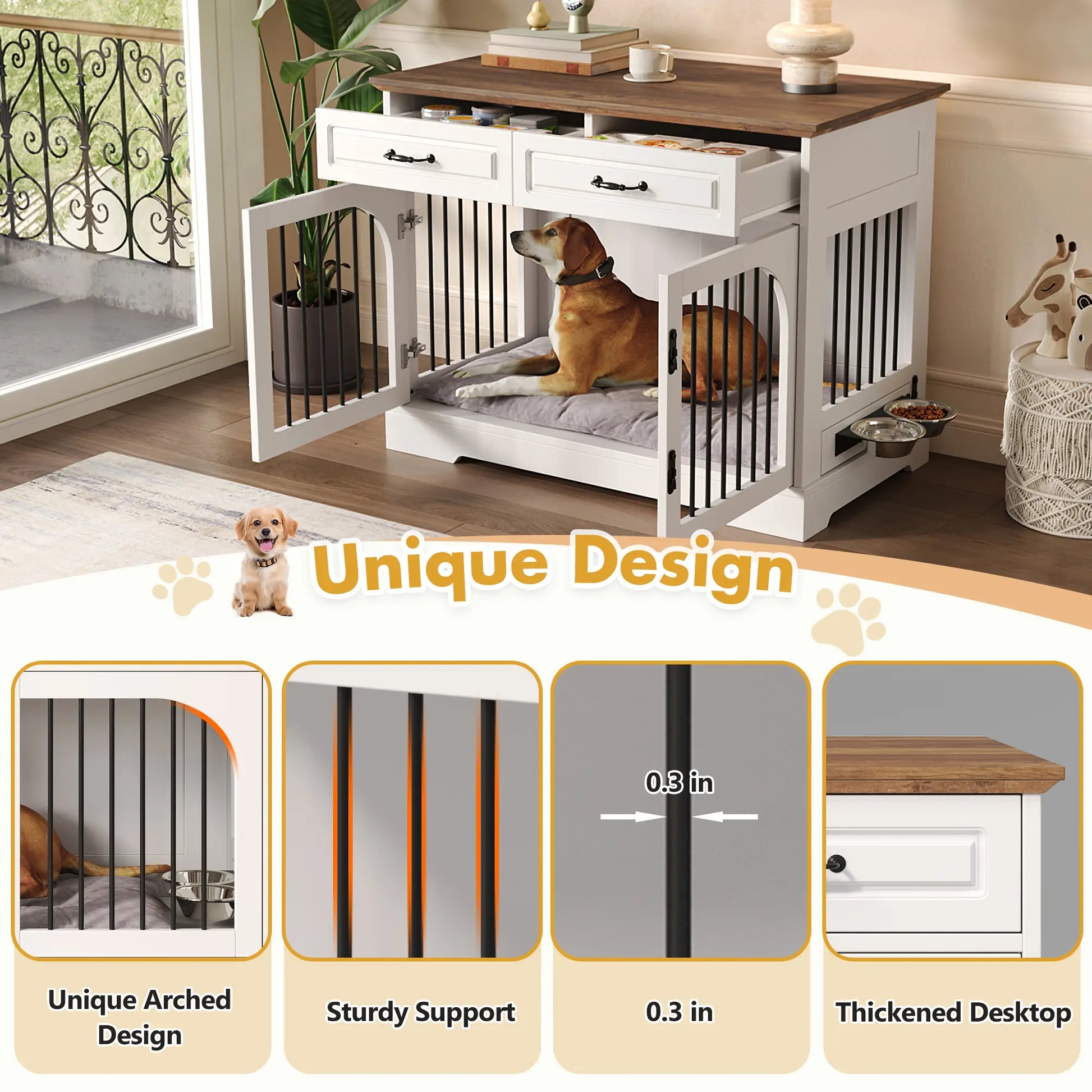 Stylish 43.3" Farmhouse Dog Crate - Elegant Indoor Kennel with 2 Drawers & Rotating Food Bowls for Medium to Large Dogs