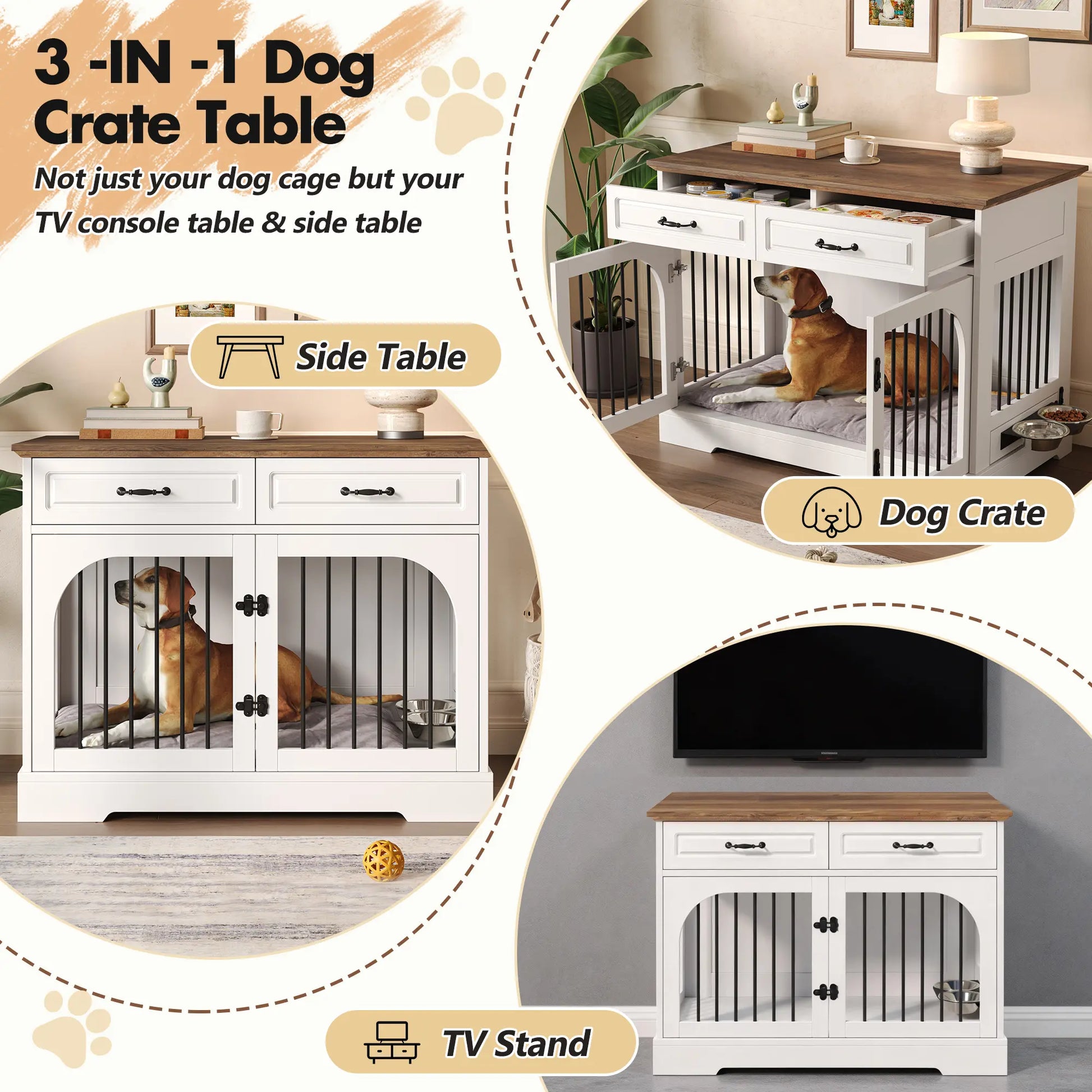 Stylish 43.3" Farmhouse Dog Crate - Elegant Indoor Kennel with 2 Drawers & Rotating Food Bowls for Medium to Large Dogs