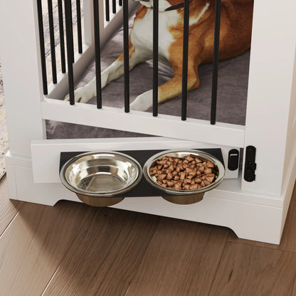 Stylish 43.3" Farmhouse Dog Crate - Elegant Indoor Kennel with 2 Drawers & Rotating Food Bowls for Medium to Large Dogs