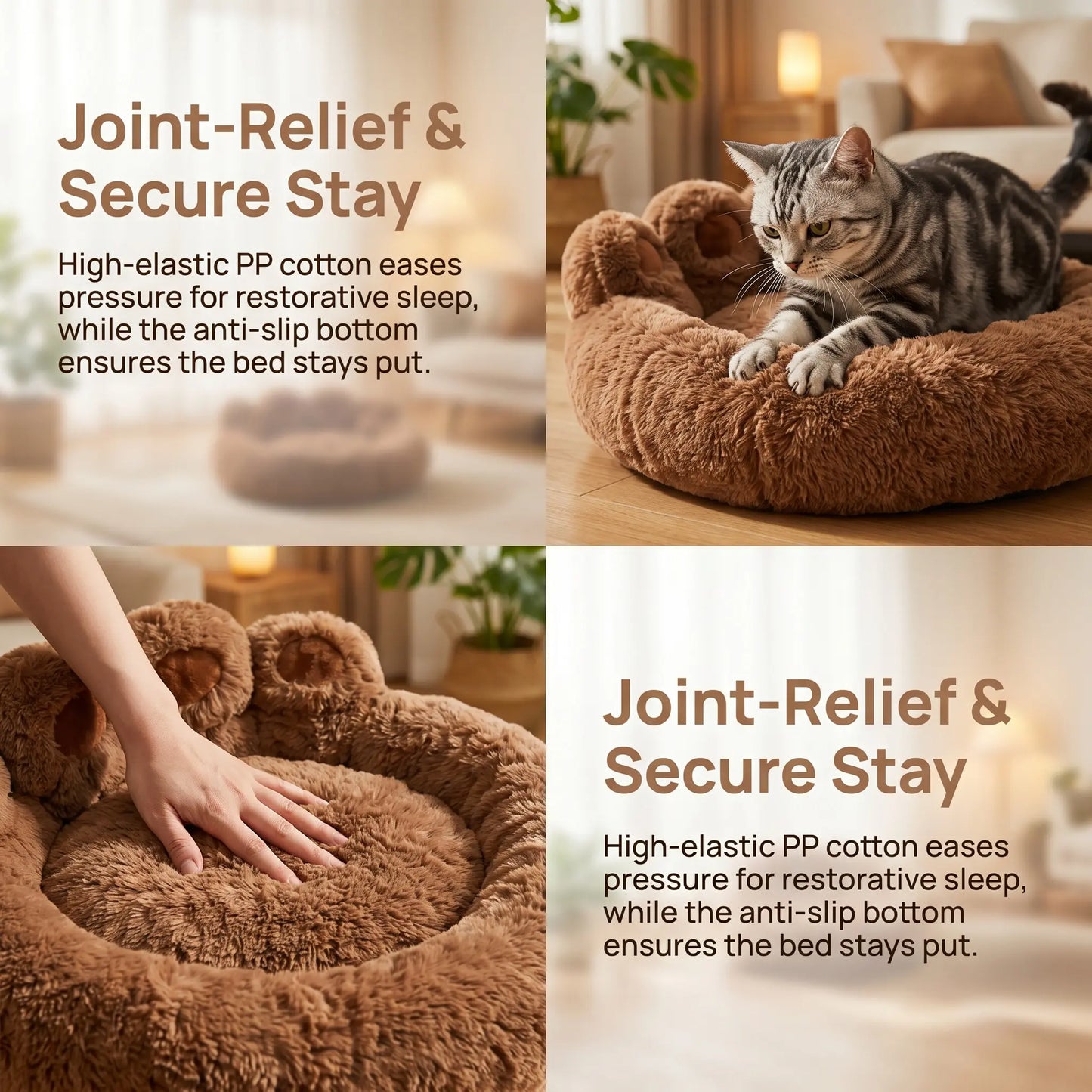 Cozy Bear Paw-Shaped Calming Dog and Cat Bed - Plush, Soft, and Washable with Non-Slip Base in Khaki, Gray, and Pink