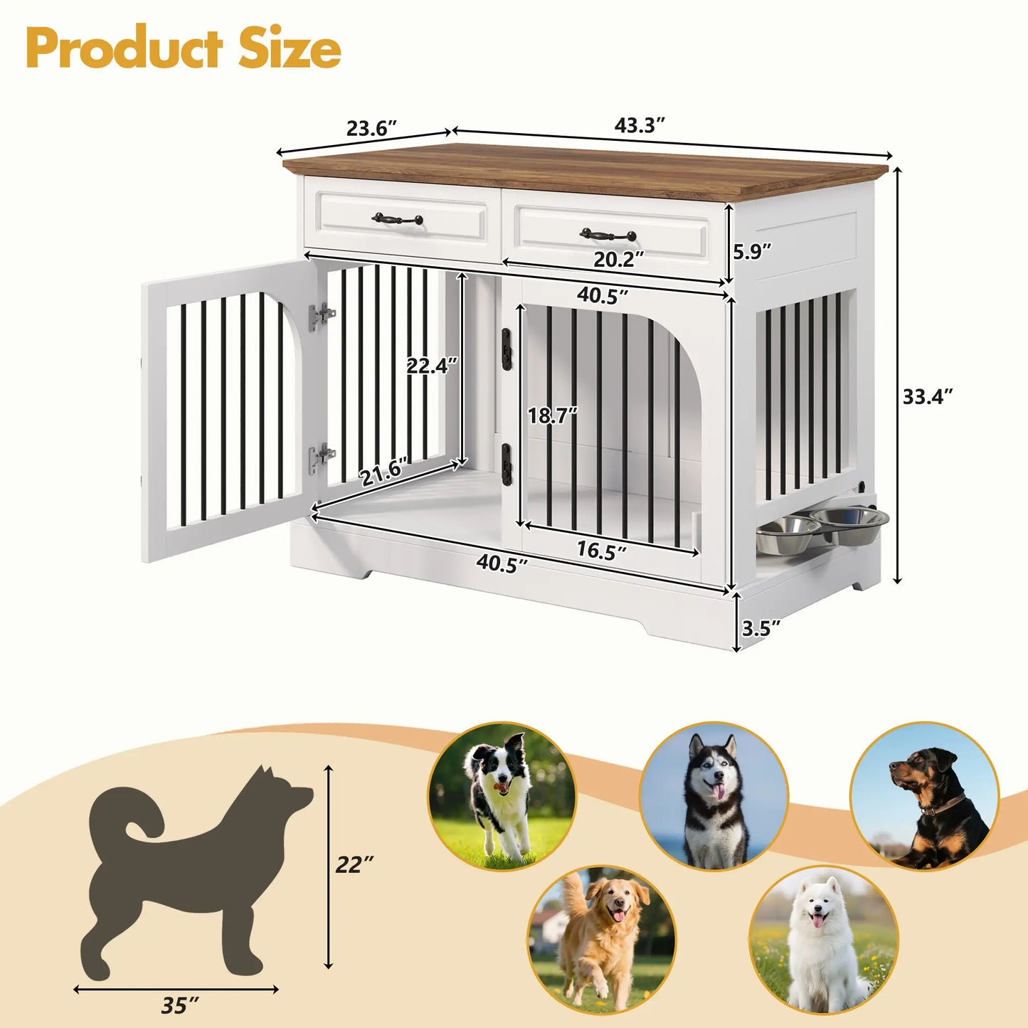 Stylish 43.3" Farmhouse Dog Crate - Elegant Indoor Kennel with 2 Drawers & Rotating Food Bowls for Medium to Large Dogs
