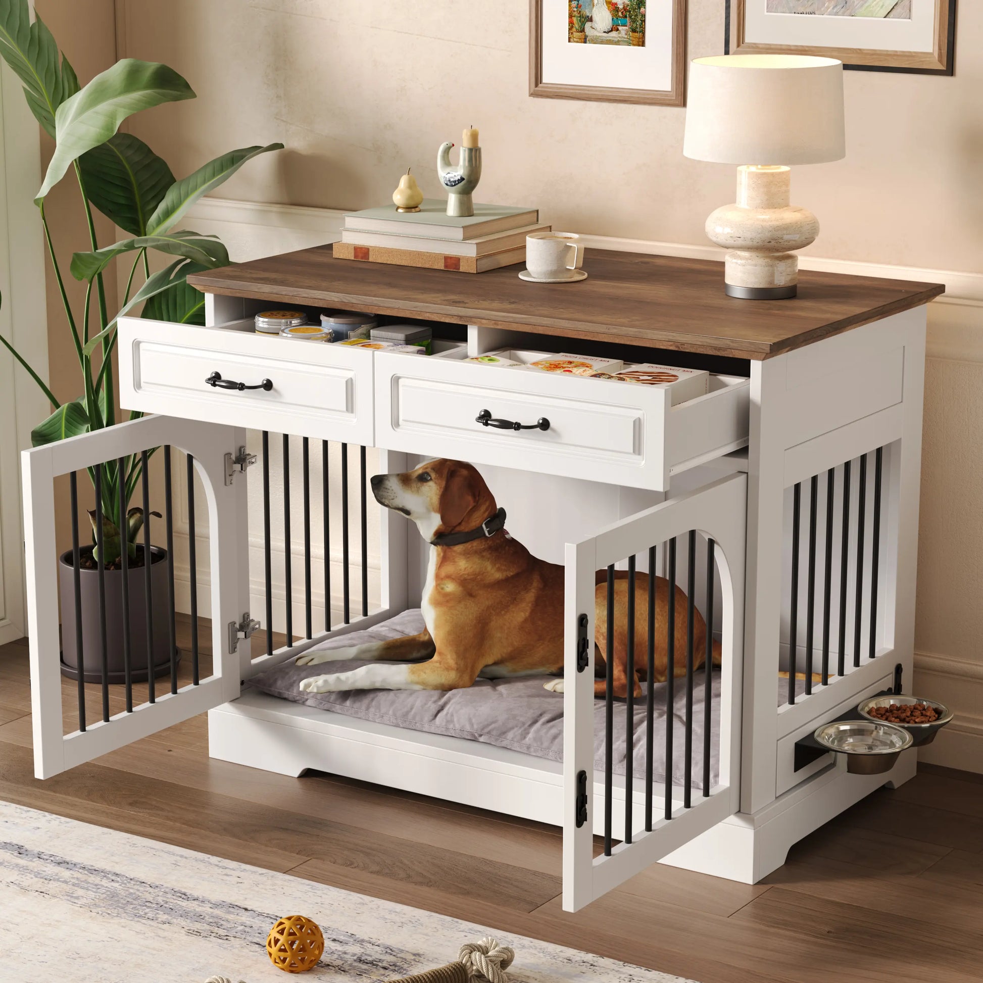 Stylish 43.3" Farmhouse Dog Crate - Elegant Indoor Kennel with 2 Drawers & Rotating Food Bowls for Medium to Large Dogs